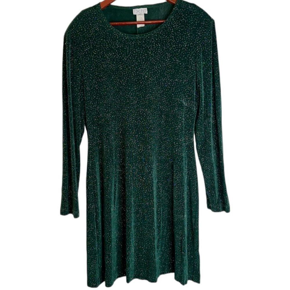 Expo Womens 12 Vintage Green Iridescent Sparkly Acetate Stretch Longsleeve Dress